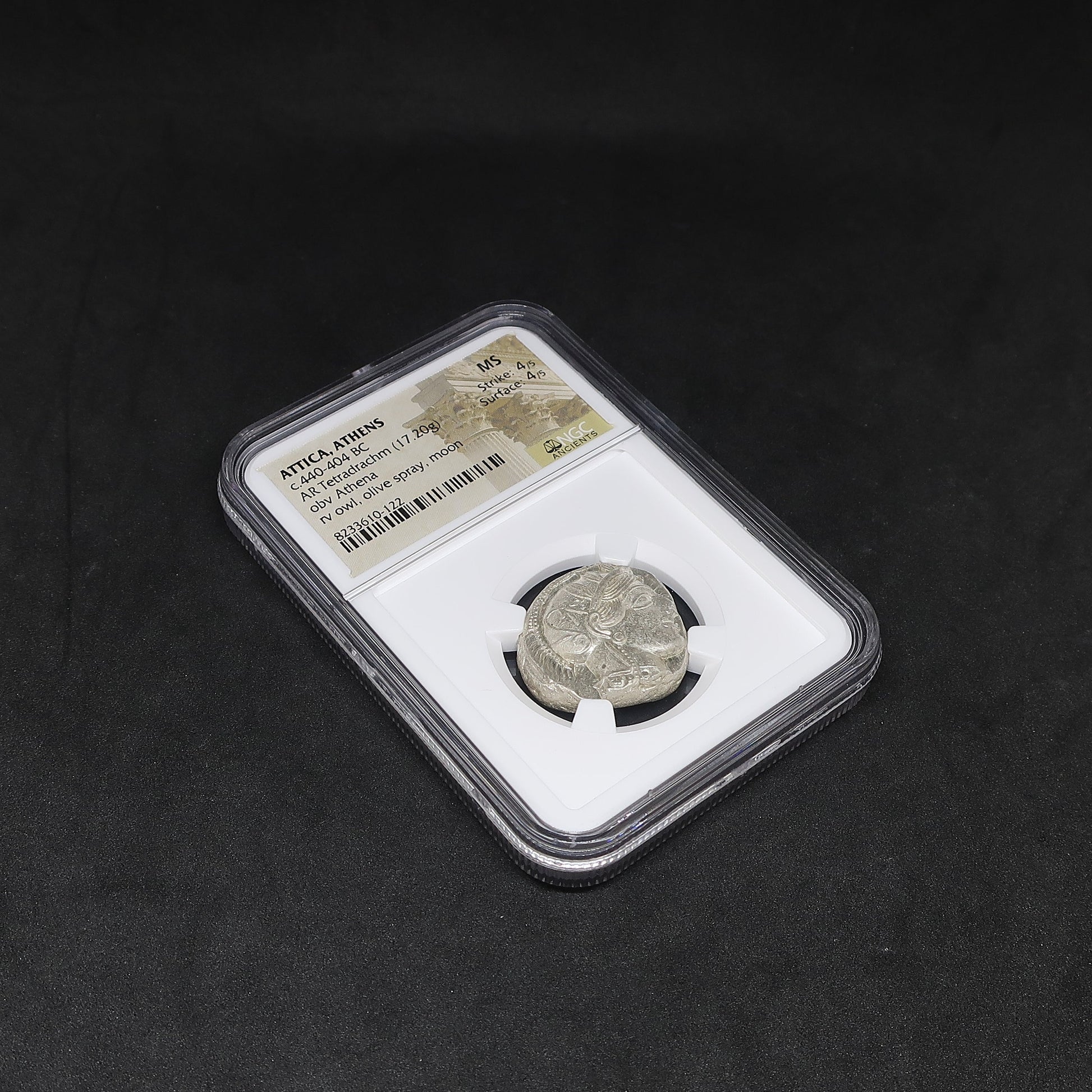 440-404 BC 古代ギリシャ アッティカ アテネ テトラドラクマ銀貨 MS4/5-4/5 NGC鑑定済み アンティークコイン 斜めからの表面スラブ全体像