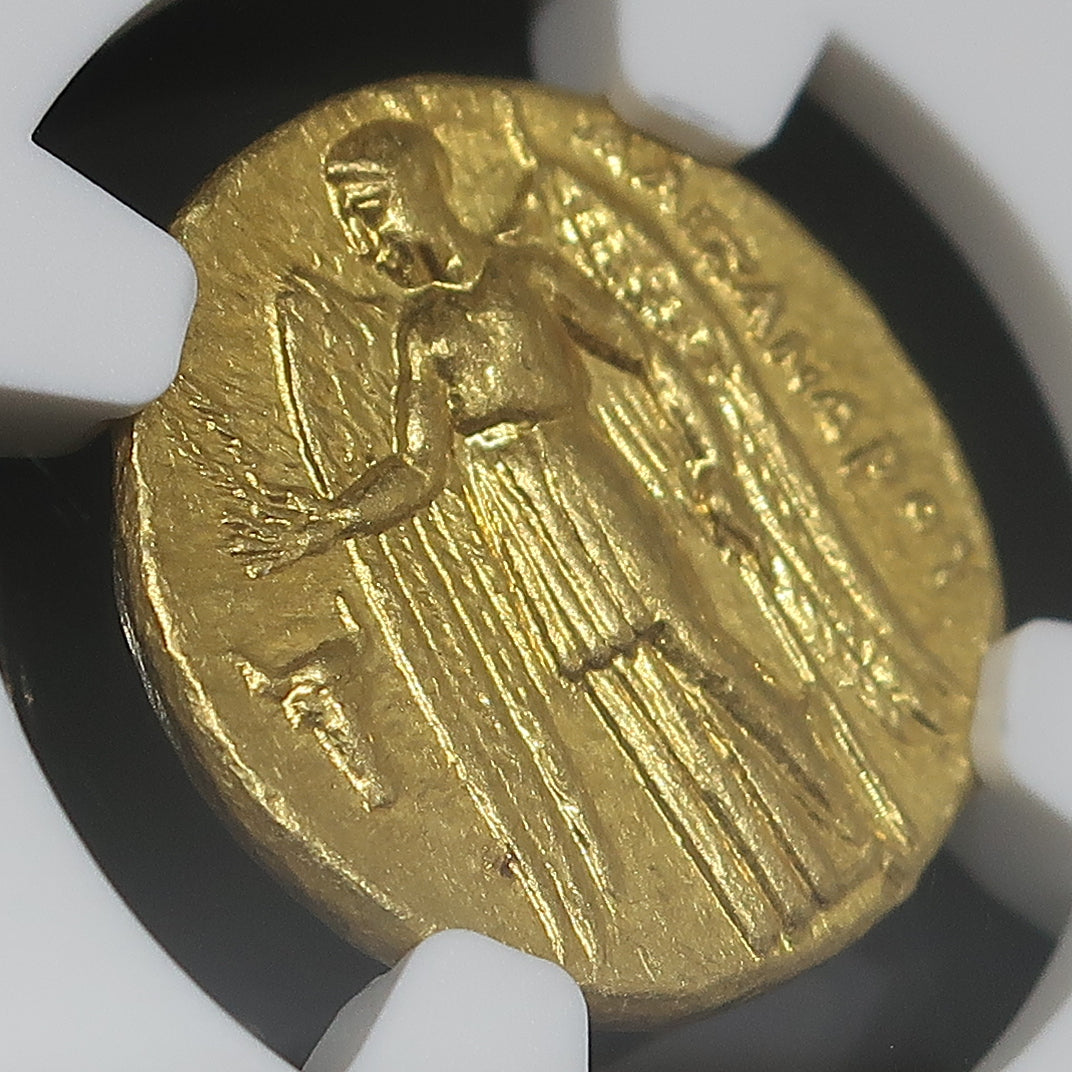 336-323BC マケドニア王国 スタテル金貨 アレキサンダー大王 ChAU 5/5-4/5 NGC鑑定済み 斜めからの裏面全体像