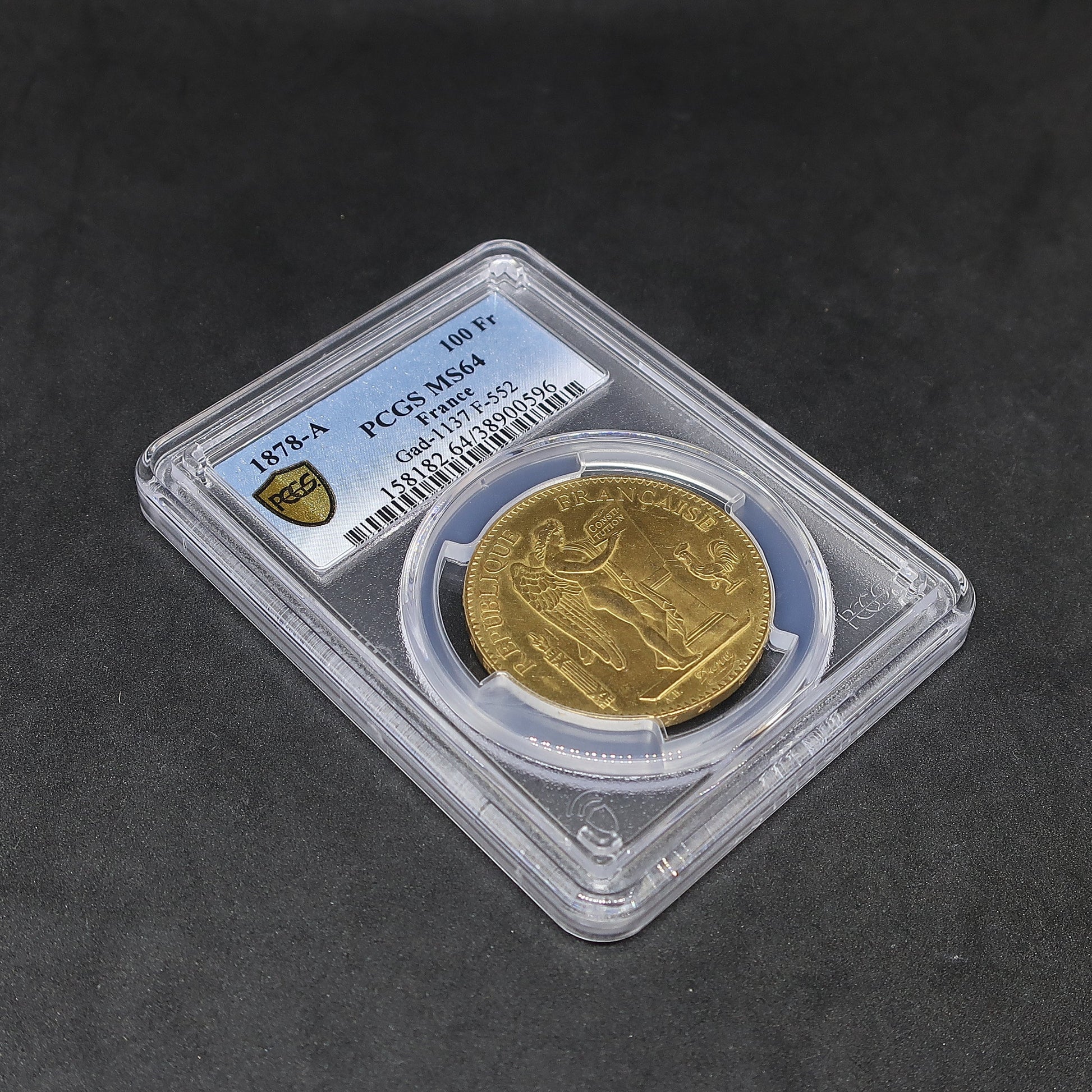 1878A フランス 100フラン金貨 幸運を呼ぶ守護天使 MS64 PCGS 斜めからの表面全体像