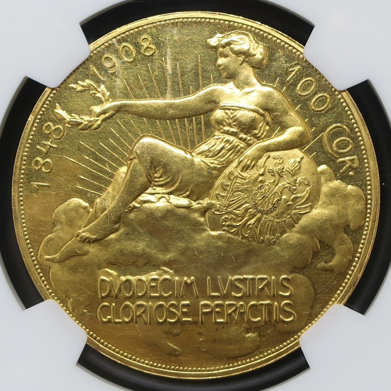 【60周年記念】1908 オーストリア 100コロナ金貨 雲上の女神 フランツ・ヨーゼフ1世 PF60 NGC