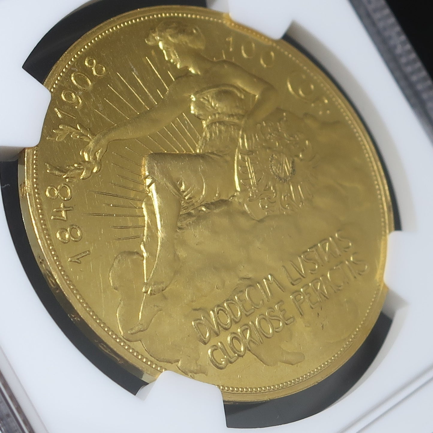 【60周年記念】1908 オーストリア 100コロナ金貨 雲上の女神 フランツ・ヨーゼフ1世 PF60 NGC