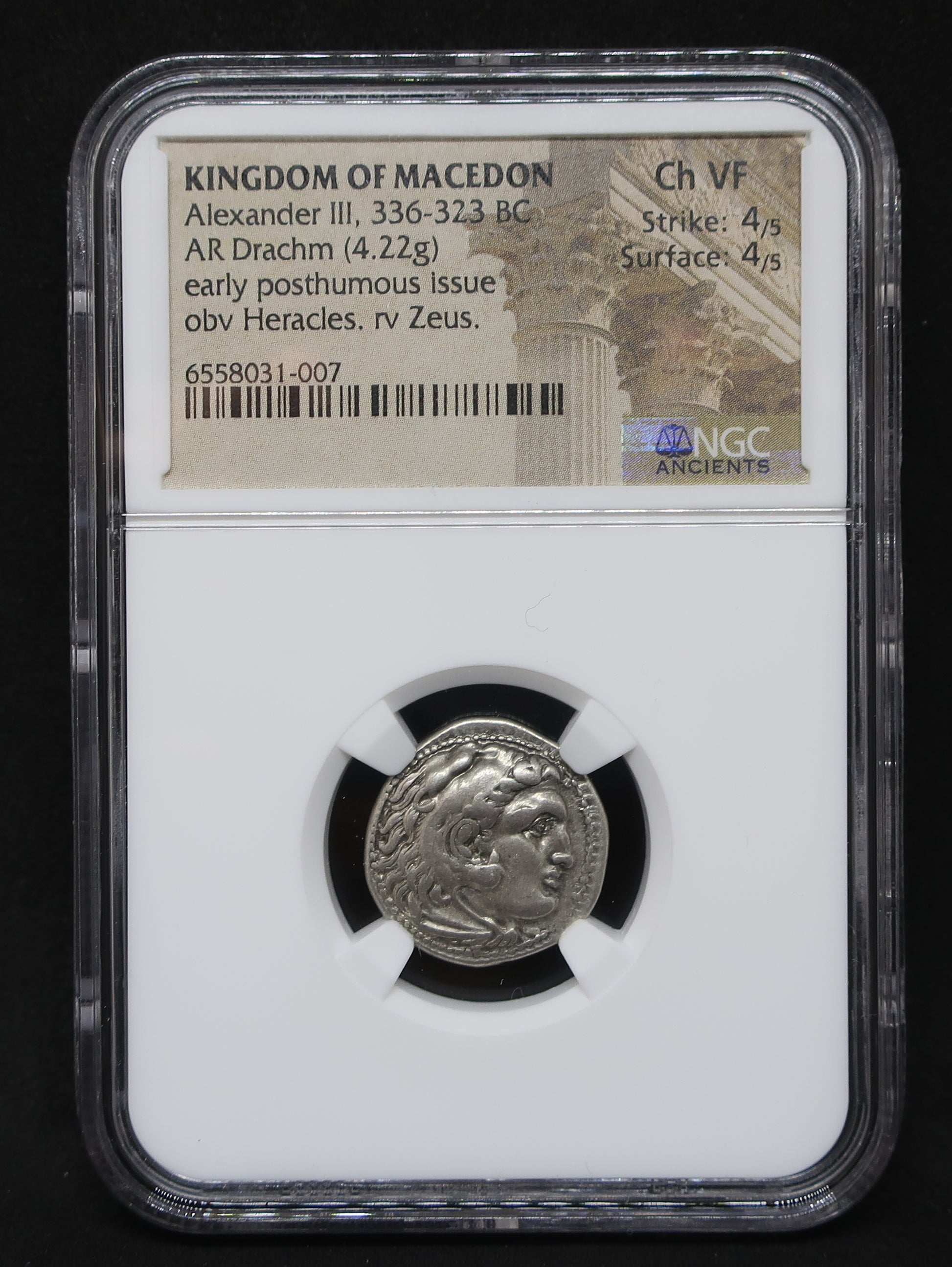 336-323 BC 古代マケドニア ドラクマ銀貨 アレキサンダー3世 ChVF4/5-4/5 NGC鑑定済み 画像4