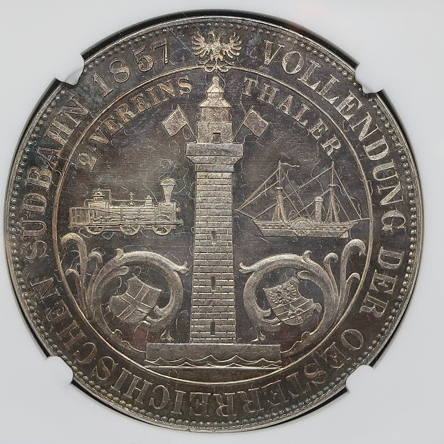 1857A オーストリア 2ターラー銀貨 ウィーン・トリエステ鉄道開通記念 PF63 + CAMEO NGC image11