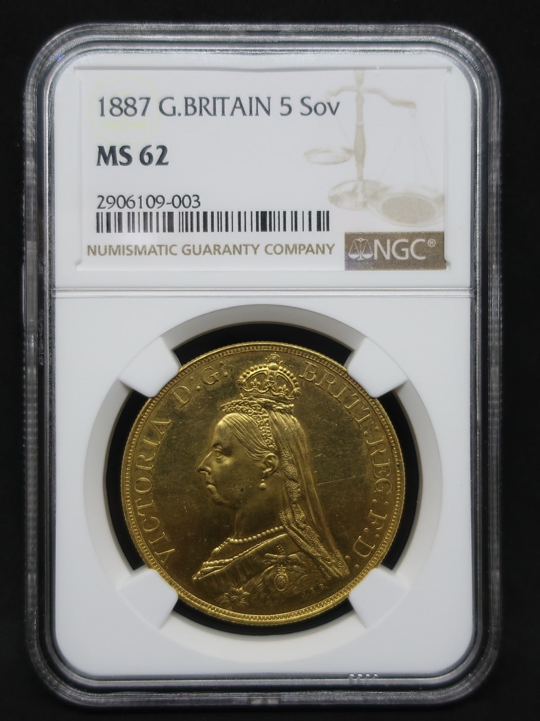 1887 イギリス 5ポンド金貨 ヴィクトリア女王 ジュビリーヘッド NGC MS62 - CoinBlessing