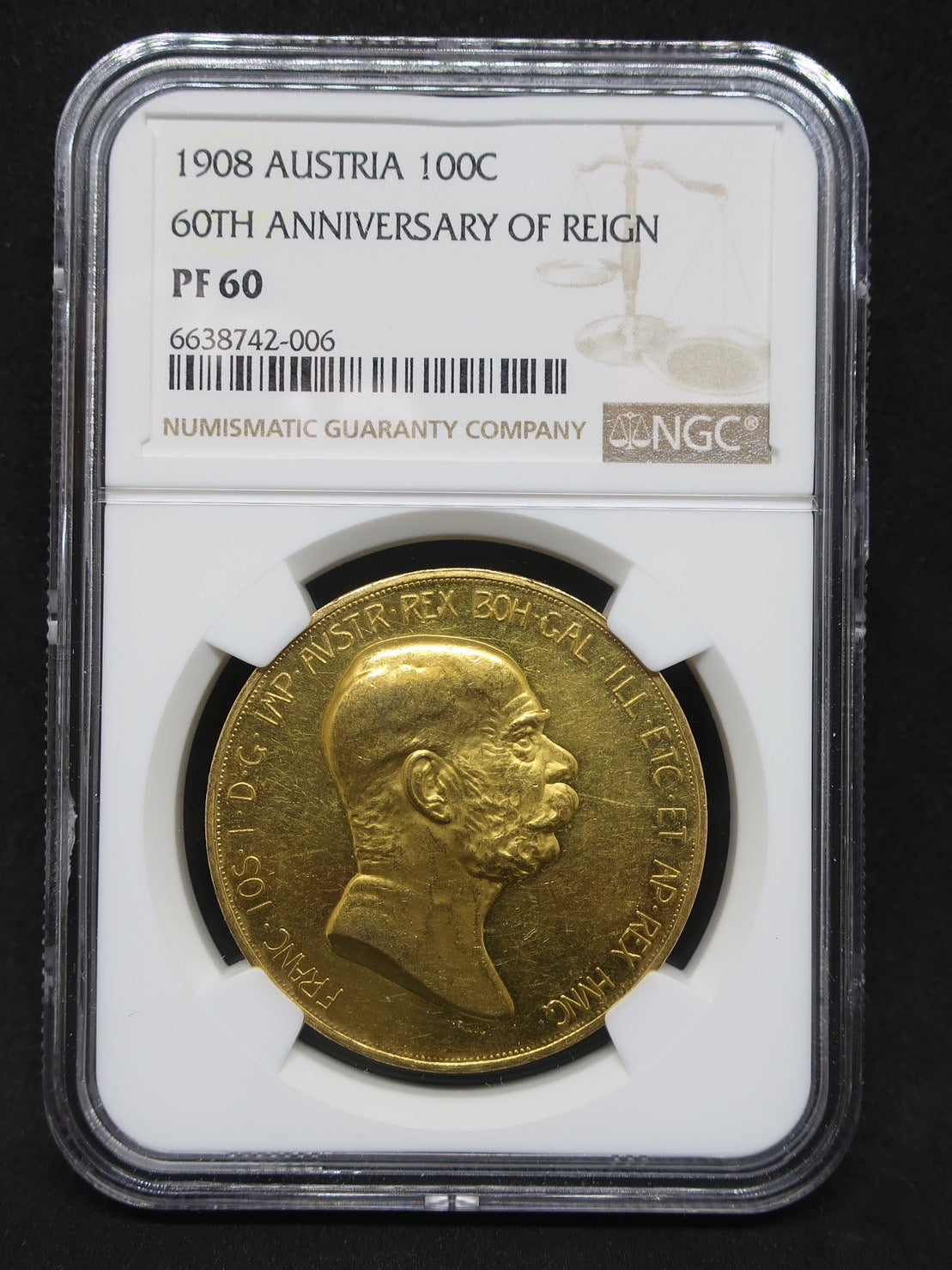 1908 オーストリア 100コロナ金貨 雲上の女神 フランツ・ヨーゼフ1世 60周年記念金貨 PF60 NGC - CoinBlessing(コインブレッシング)