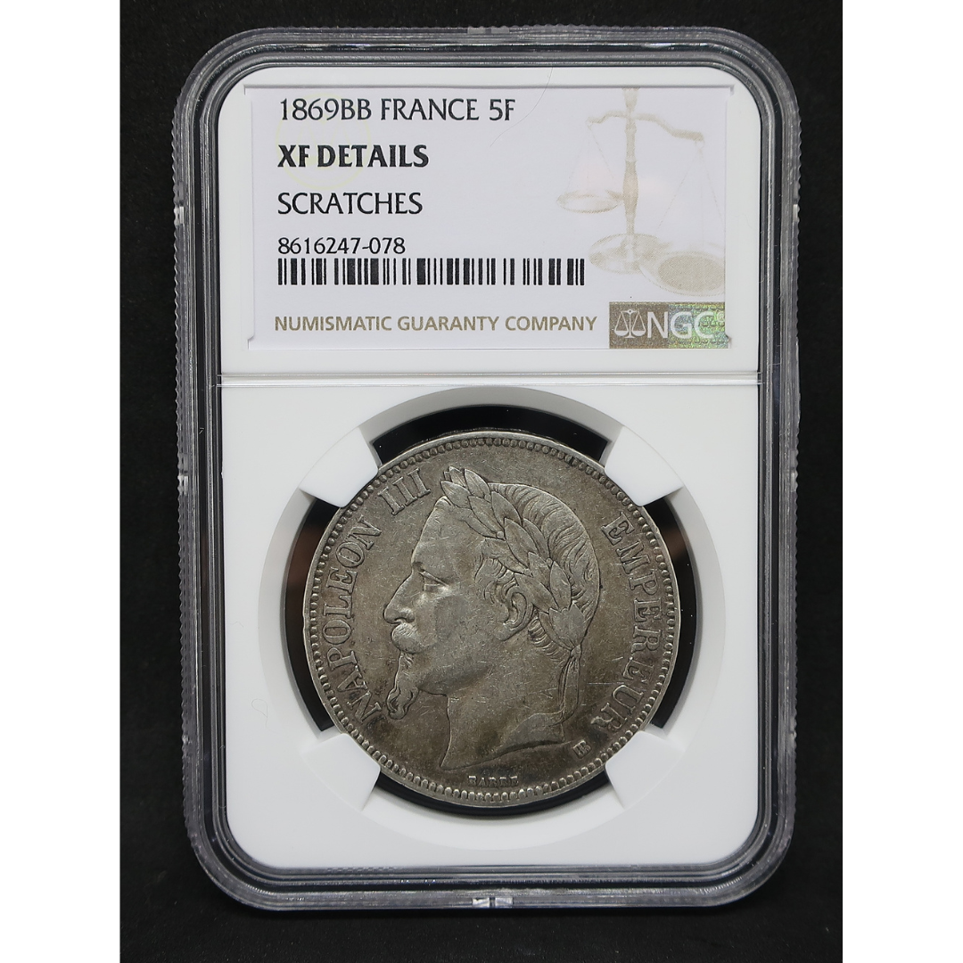 1869-BBフランス ナポレオン3世 5フラン銀貨 1869BB フランス 5フラン銀貨 | ナポレオン3世 有冠 | XF Details NGC