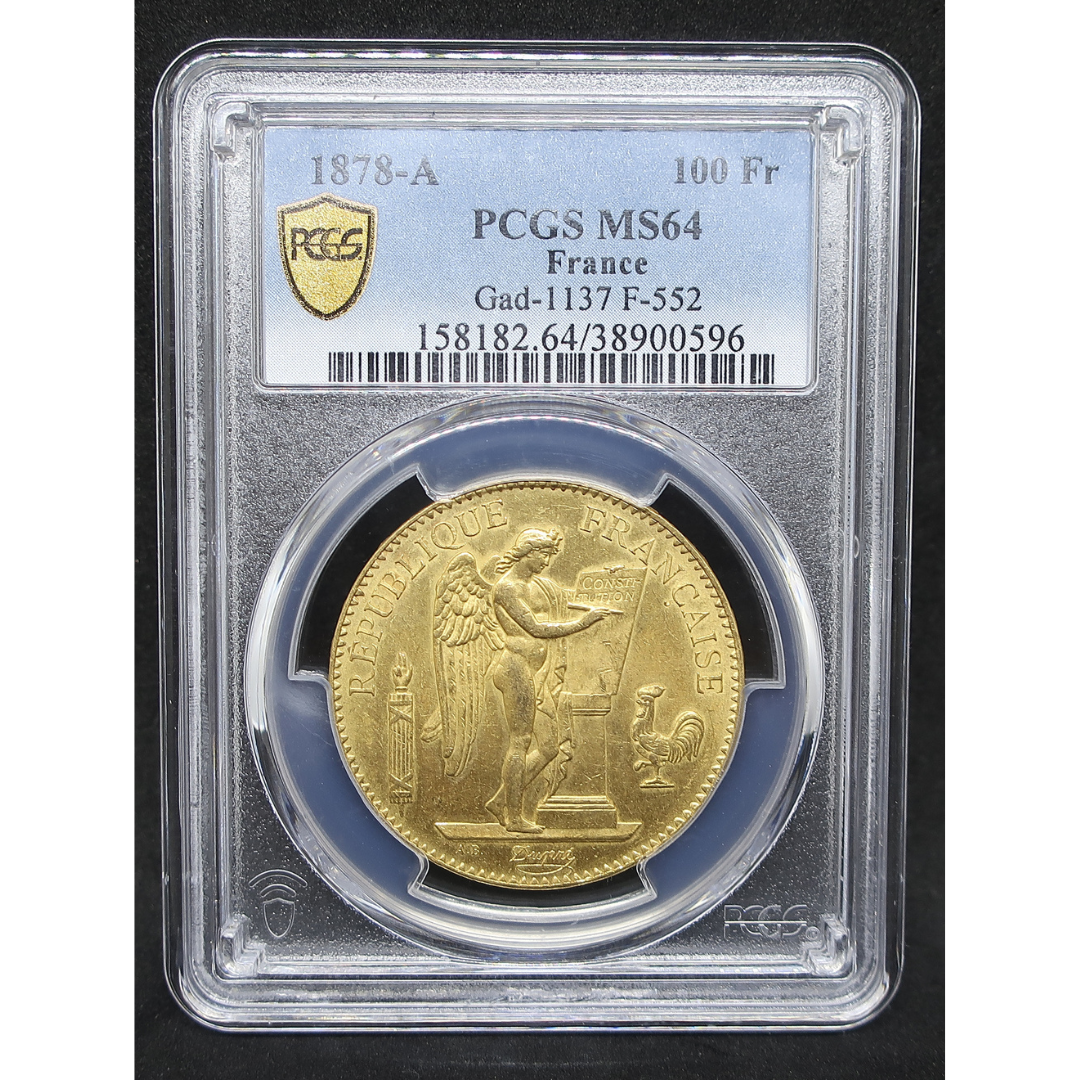 1878A フランス 100フラン金貨 幸運を呼ぶ守護天使 MS64 PCGS スラブ表面