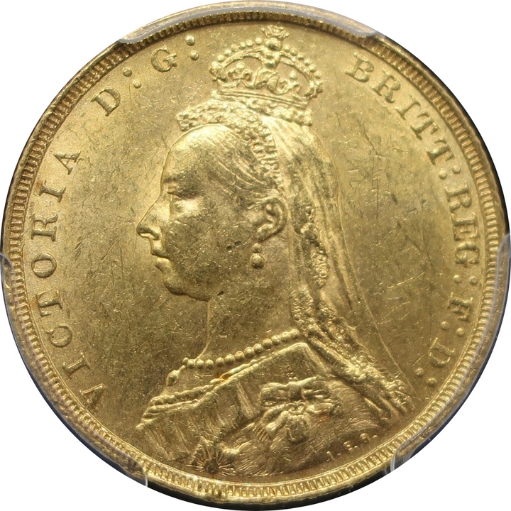 英国ソブリン金貨（直径22.05mm・重量7.98g）
