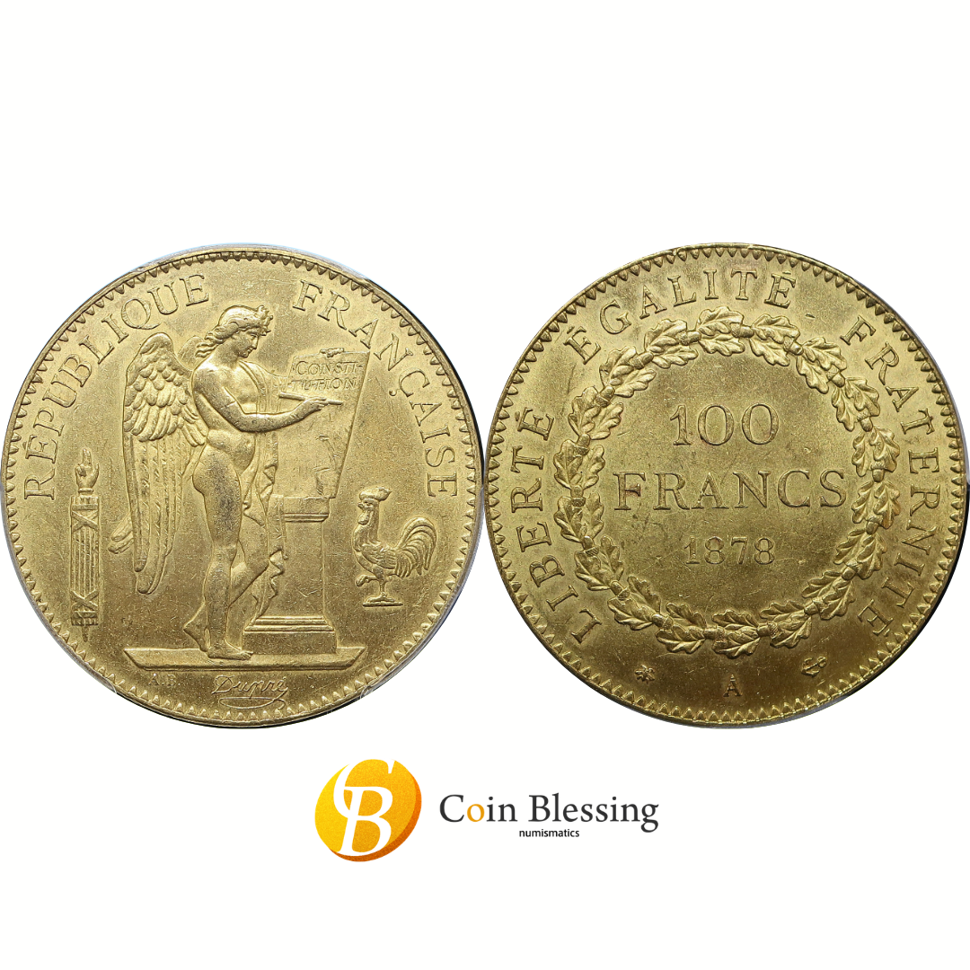 1878A フランス 100フラン金貨 幸運を呼ぶ守護天使 MS64 PCGS 二枚横並び