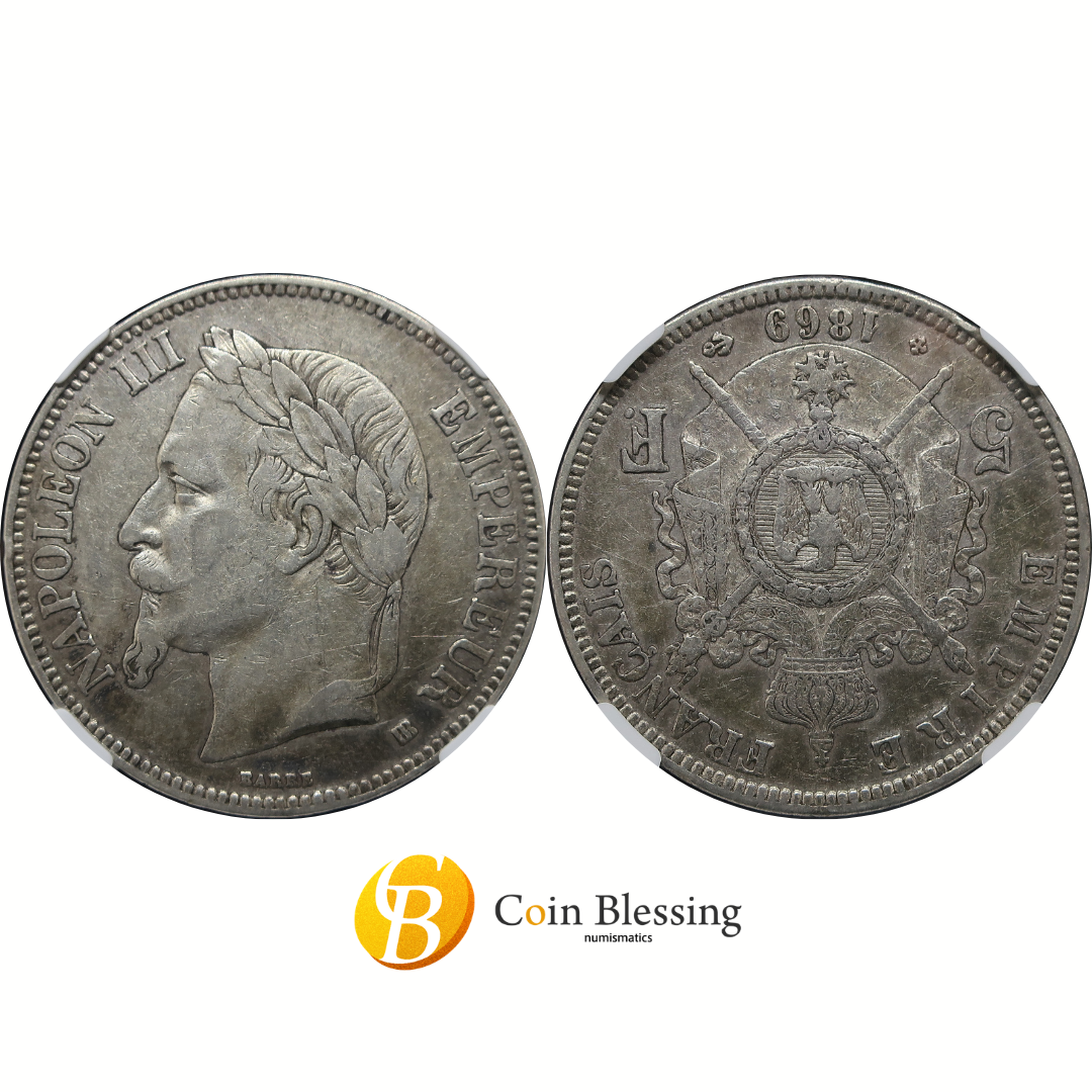 1869BB フランス 5フラン銀貨 ナポレオン3世 有冠 XF Details NGC鑑定済み - CoinBlessing(コインブレッシング)