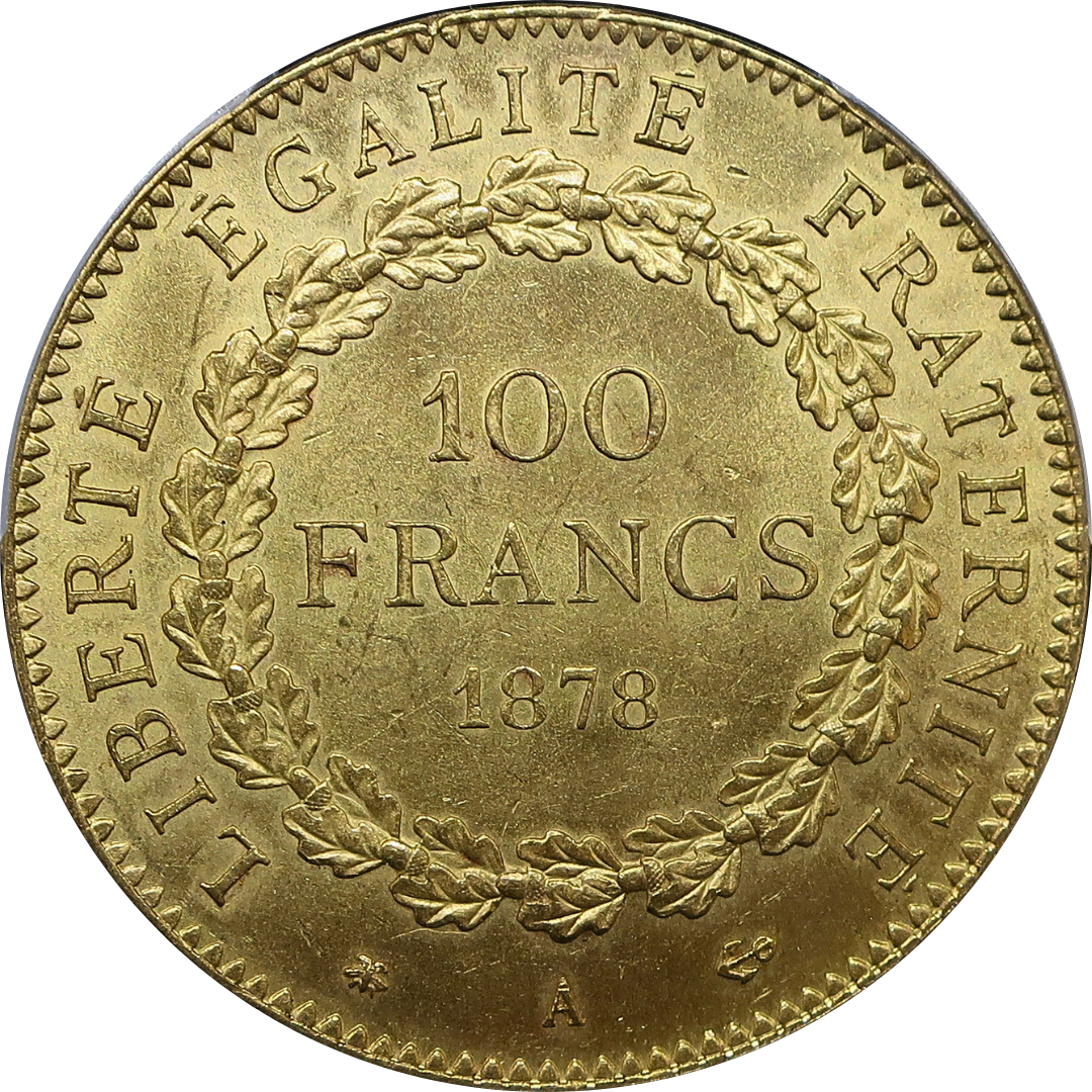 1878A フランス 100フラン金貨 幸運を呼ぶ守護天使 MS64 PCGS 裏面