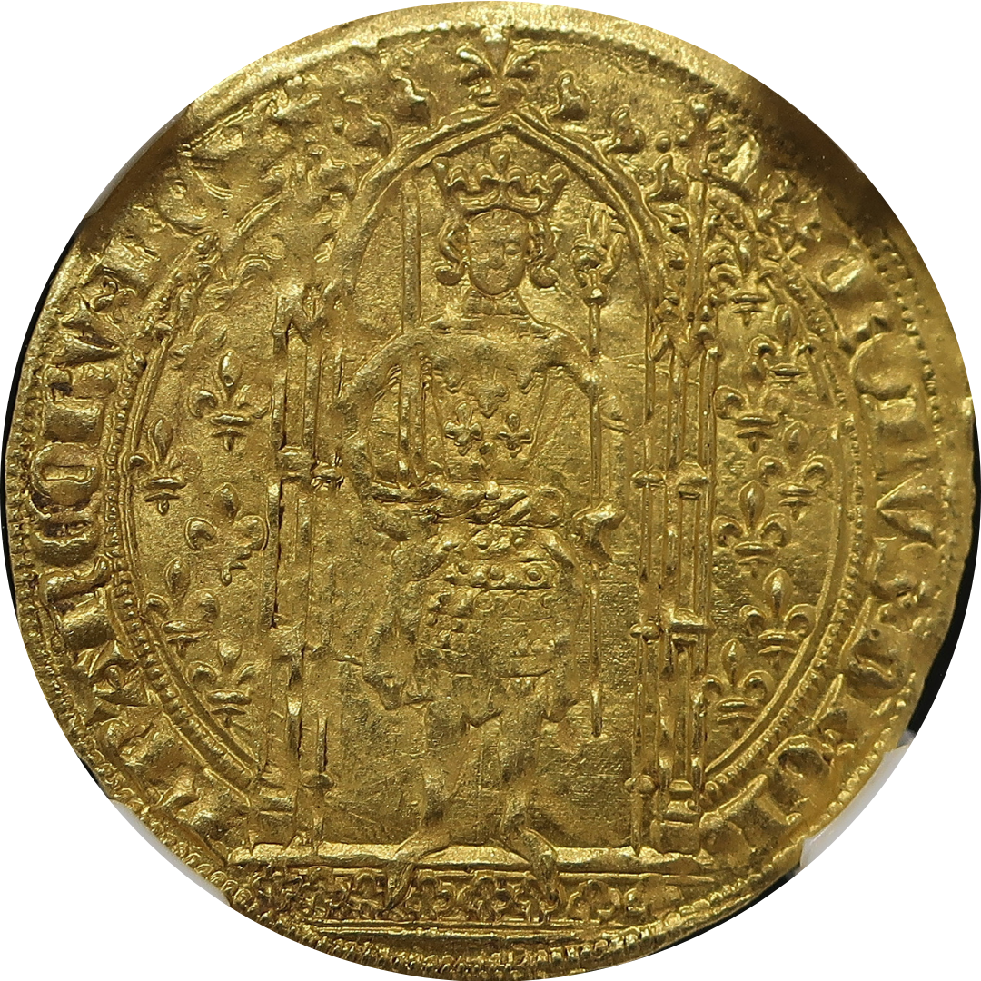 1364–1380年 フランス フランカピエ金貨 シャルル5世 表面 ゴシック様式の王像 NGC MS64