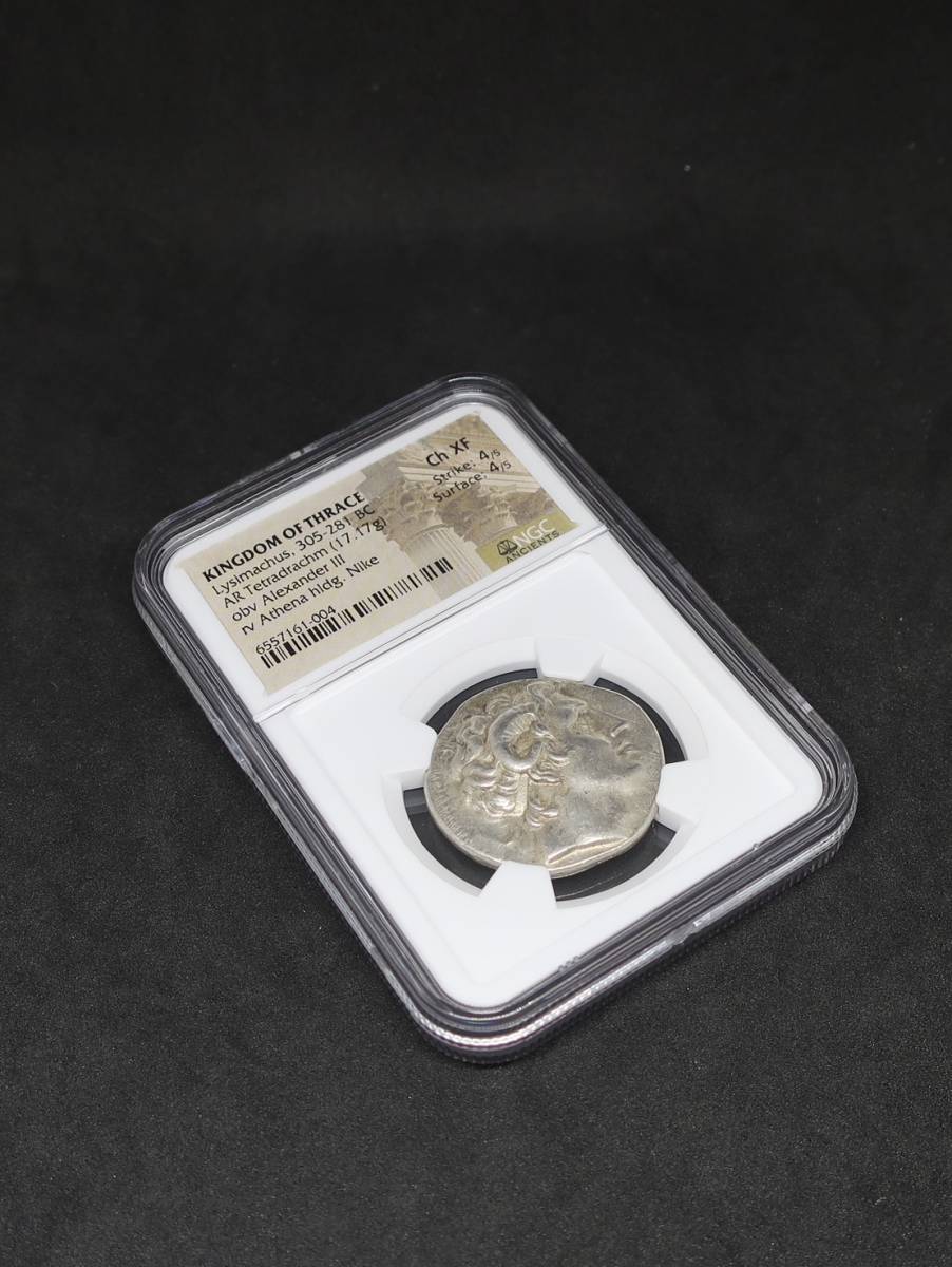 【古代トラキア王国】305-281 BC トラキア王国 テトラドラクマ銀貨 リシマコス王 ChXF 4/5-4/5 NGC