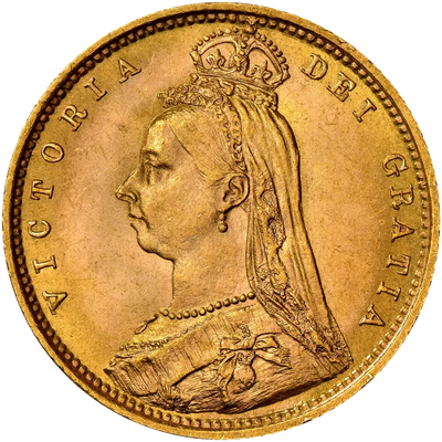1890年 ヴィクトリア女王 ジュビリーヘッド ハーフソブリン金貨の表面