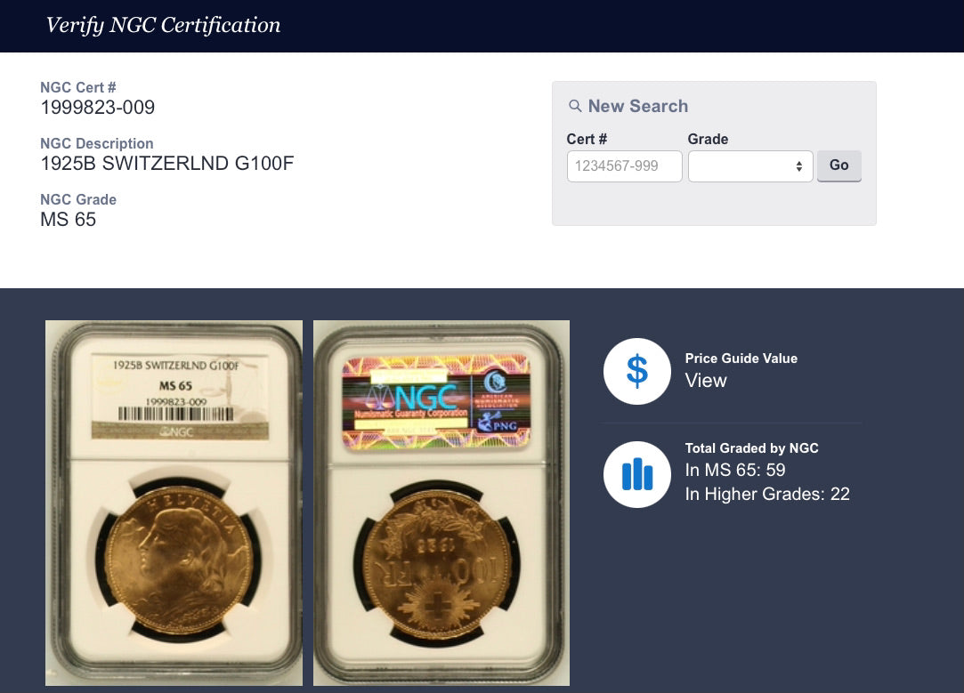 スイス 1925B 100フラン金貨 アルプスと少女ブレネリ ヘルヴェティア NGC MS65 - CoinBlessing