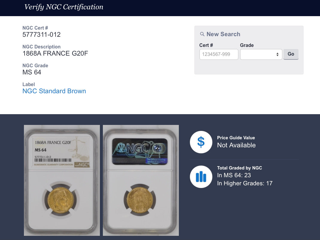 フランス ナポレオン3世 20フラン金貨 1868A MS64 NGC - CoinBlessing