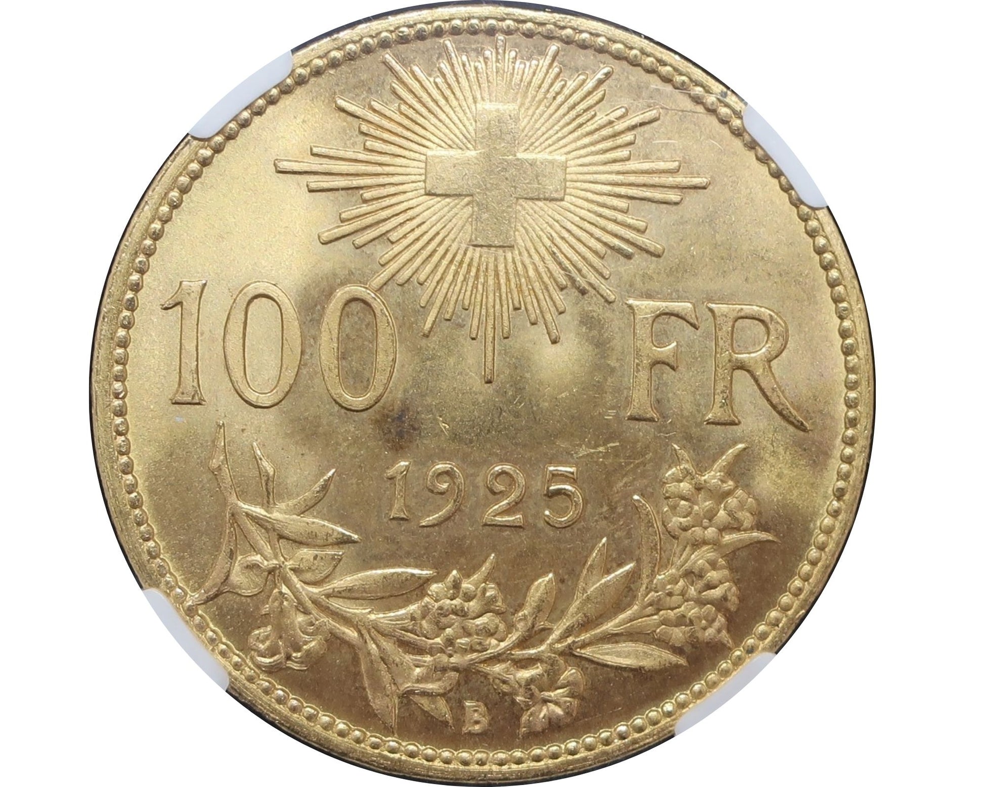 スイス 1925B 100フラン金貨 アルプスと少女ブレネリ ヘルヴェティア NGC MS65 - CoinBlessing