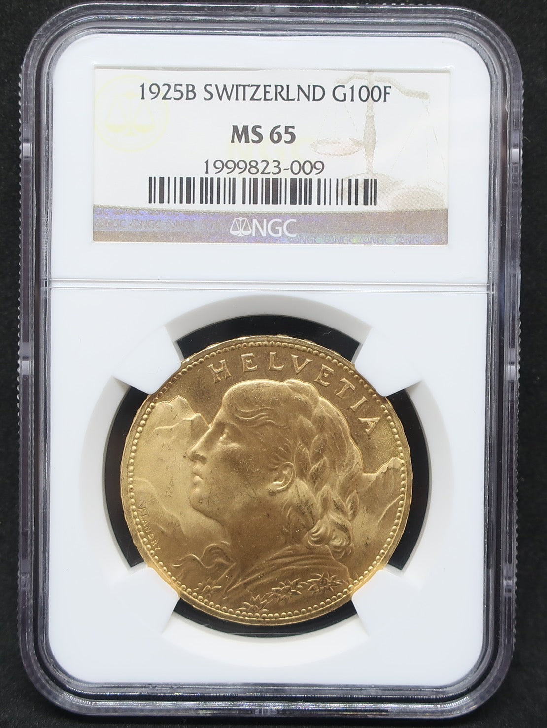 スイス 1925B 100フラン金貨 アルプスと少女ブレネリ ヘルヴェティア NGC MS65 - CoinBlessing