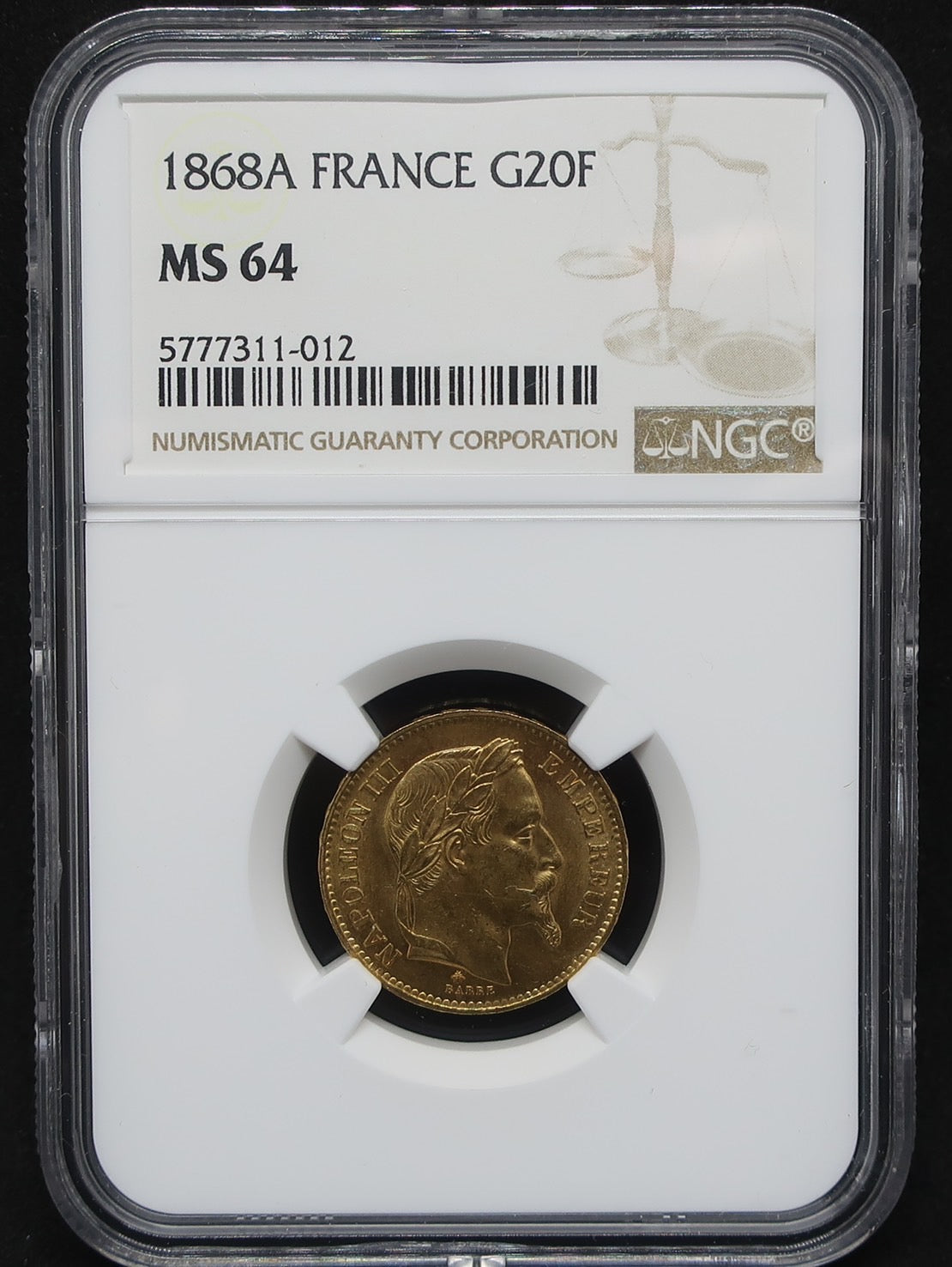 フランス ナポレオン3世 20フラン金貨 1868A MS64 NGC - CoinBlessing