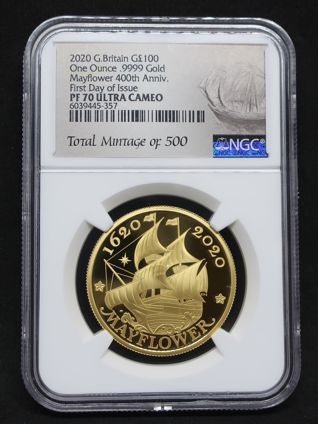 2020年 イギリス メイフラワー号 400周年記念 100ポンド 金貨 NGC